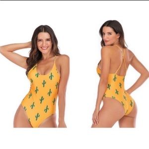 Cactus Print Orange One Piece Swimsuit sz Small
